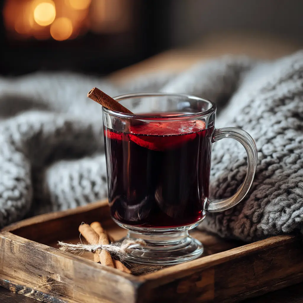 Hibiscus Tea Recipe: Refreshing Detox Drink Packed with Antioxidants 4 Glass mug of hot hibiscus tea with cinnamon stick and citrus slices, served on a wooden tray with a cozy blanket in the background.