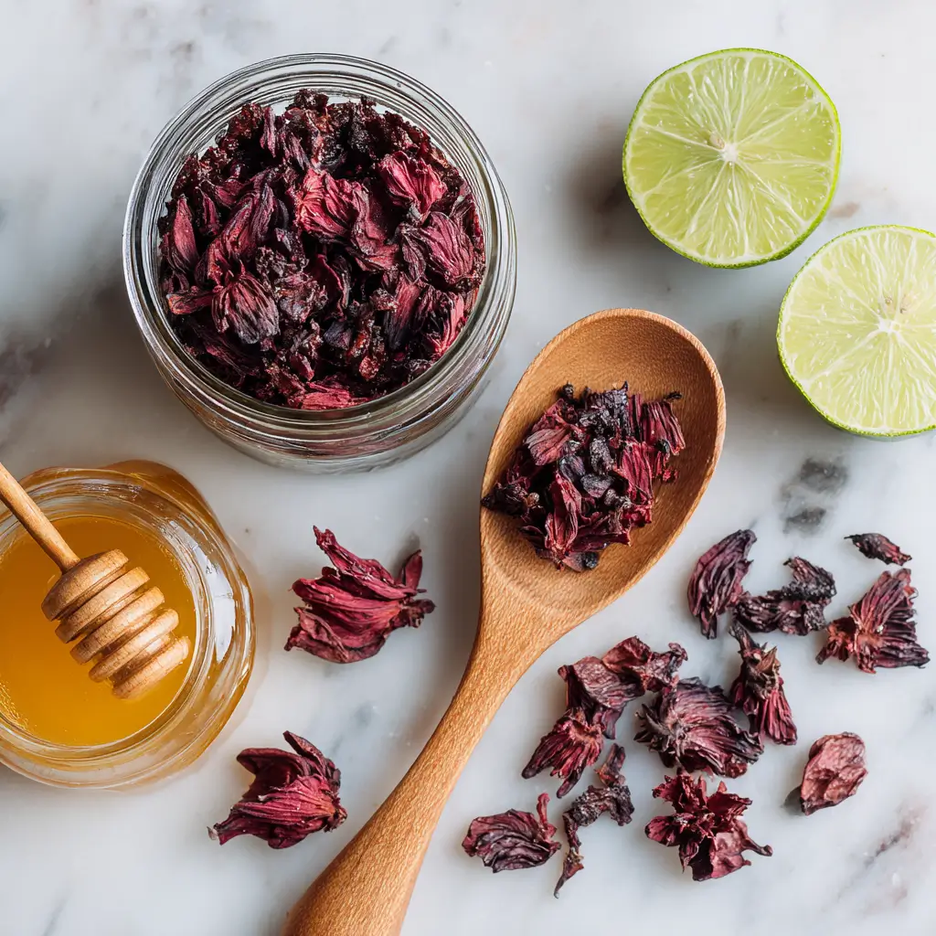 Hibiscus Tea Recipe: Refreshing Detox Drink Packed with Antioxidants 3 Hibiscus tea ingredients on white background