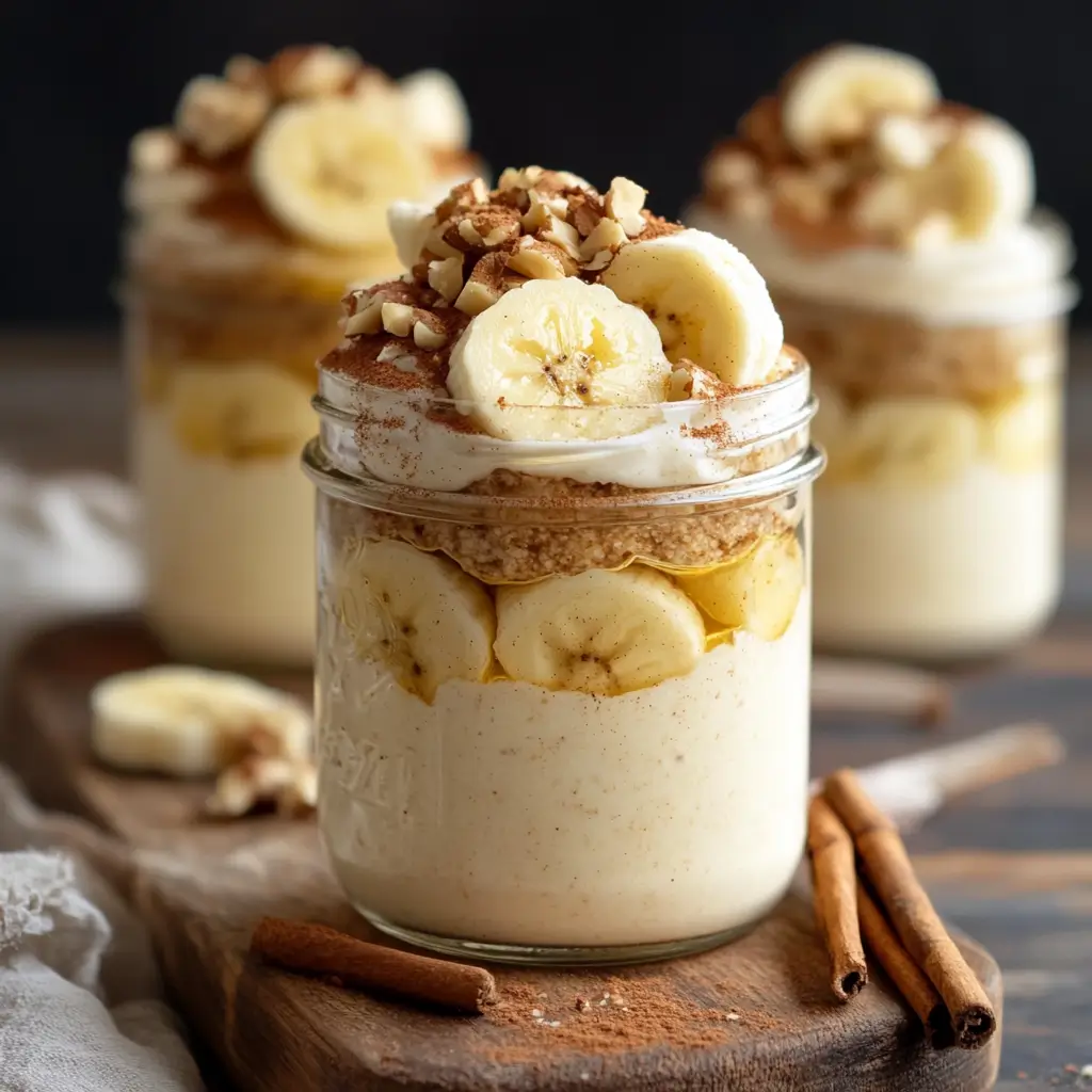 Sugar Free Southern Banana Pudding 5 Sugar free banana pudding in mason jars with toppings