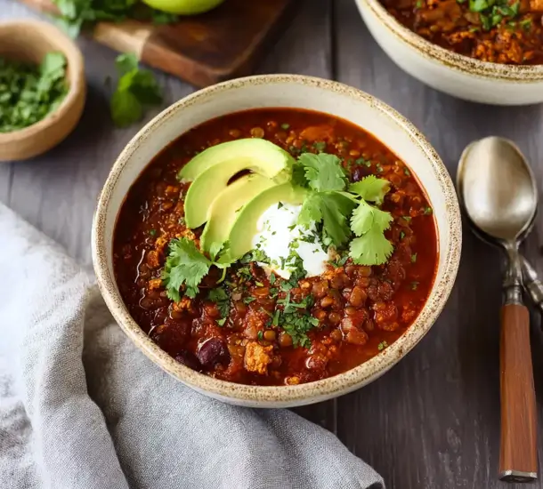 Turkey and Lentil Chili 2 Turkey and Lentil Chili served with avocado and yogurt