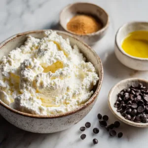 fresh ricotta, dark chocolate chips, and olive oil ingredients for chocolate chip ricotta cake