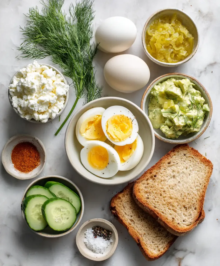 Flat lay of fresh ingredients for egg salad with cottage cheese, including whole eggs, cottage cheese in a small bowl