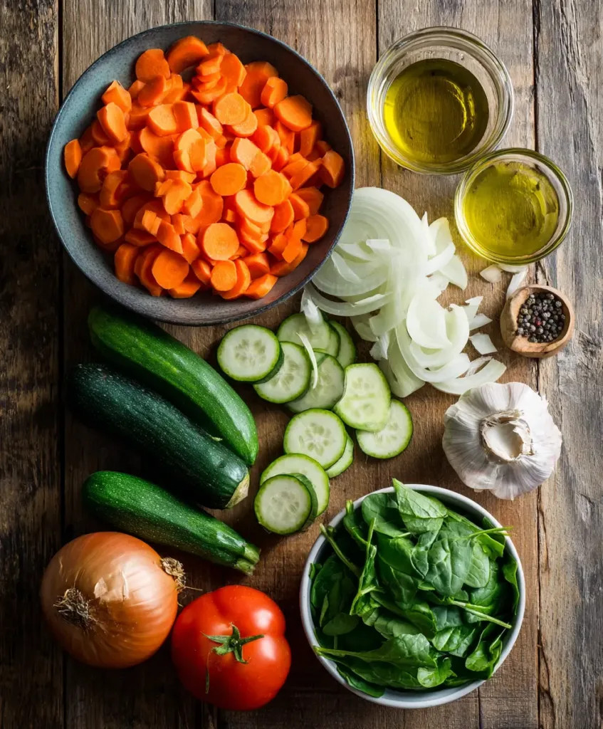 Fresh soup ingredients arranged neatly on a wooden countertop