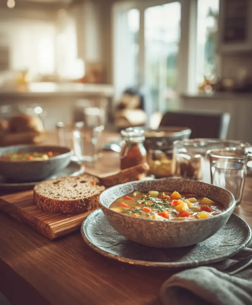 Hearty vegetable soup served with whole grain bread on a dining table
