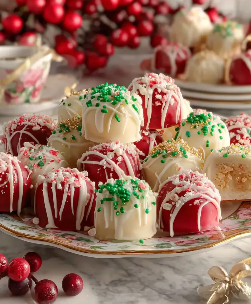 Christmas no-bake cheesecake bites coated in red and white chocolate with festive green, gold, and crushed candy sprinkles on a decorative plate