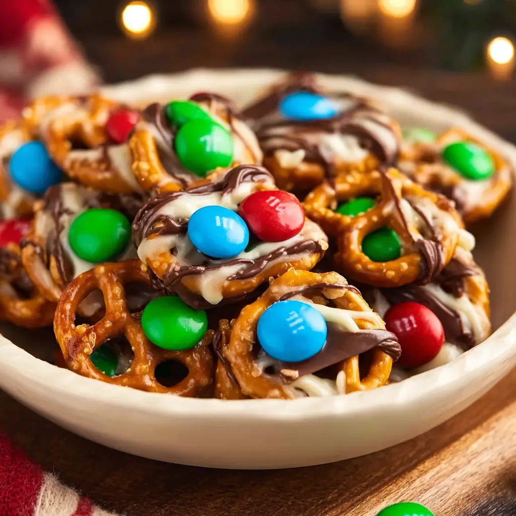 M&M Pretzel Hugs 2 Festive mini pretzels topped with Hershey’s Hugs and red-green M&Ms on a wooden board with warm holiday lights bokeh.