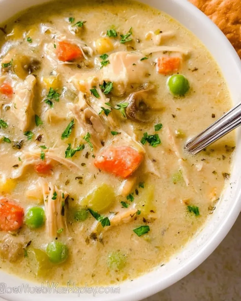 Delicious Chicken Pot Pie Soup in a white bowl with vegetables and herbs