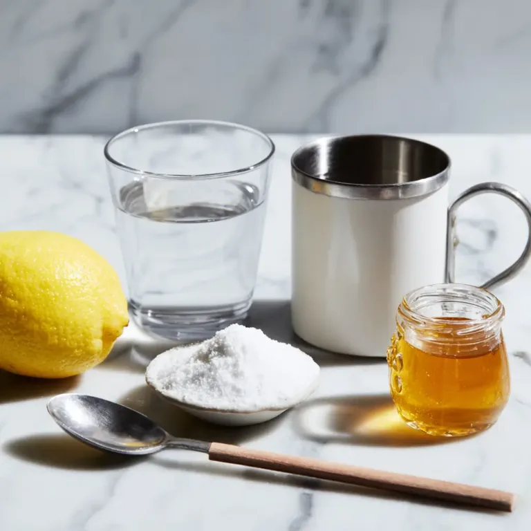 Gelatin Trick Ingredients arranged on a marble surface with lemon, water, gelatin powder, and honey.