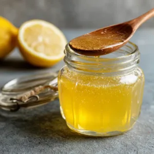 Warm gelatin mixture made from Gelatin Trick Ingredients in a glass jar with lemon in the background.