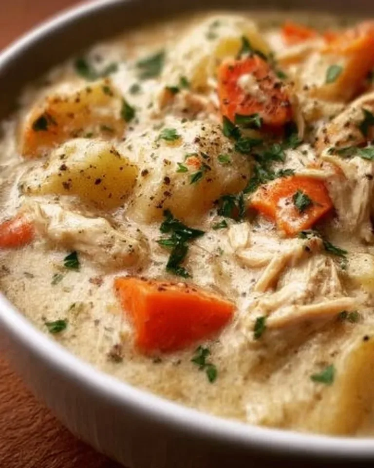 Bowl of high protein chicken pot pie soup with vegetables and herbs