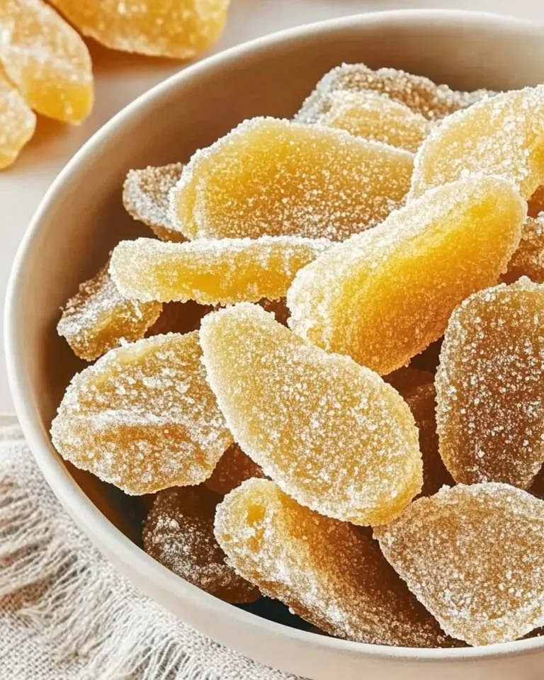 Homemade candied ginger prepared with fresh ginger root and sugar.