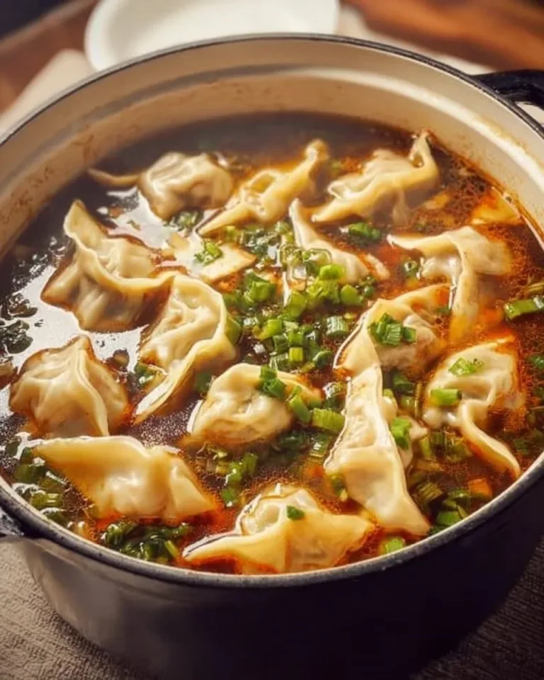 A bowl of homemade Potsticker Soup with dumplings and greens.