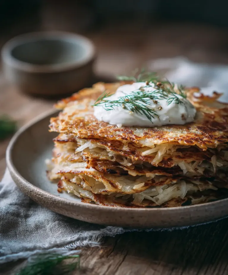 sauerkraut pancakes (Fuczki) stacked on a simple ceramic plate