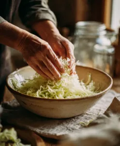 How to Make Homemade Sauerkraut for Beginners 5 hands massaging fresh shredded cabbage with coarse salt in a large ceramic bowl