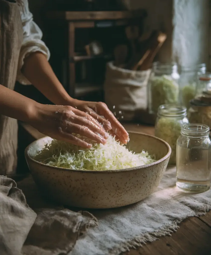 How to Make Homemade Sauerkraut for Beginners 2 hands massaging fresh shredded cabbage with coarse salt in cozy kitchen