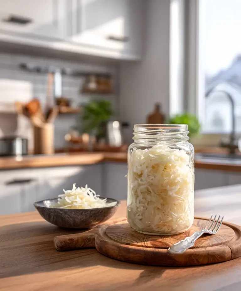 homemade sauerkraut in a clear glass jar