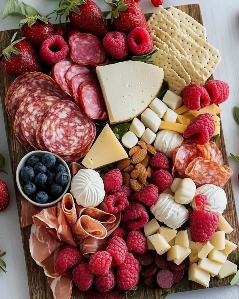 Valentine's Day charcuterie board with cheese, meats, and romantic decor
