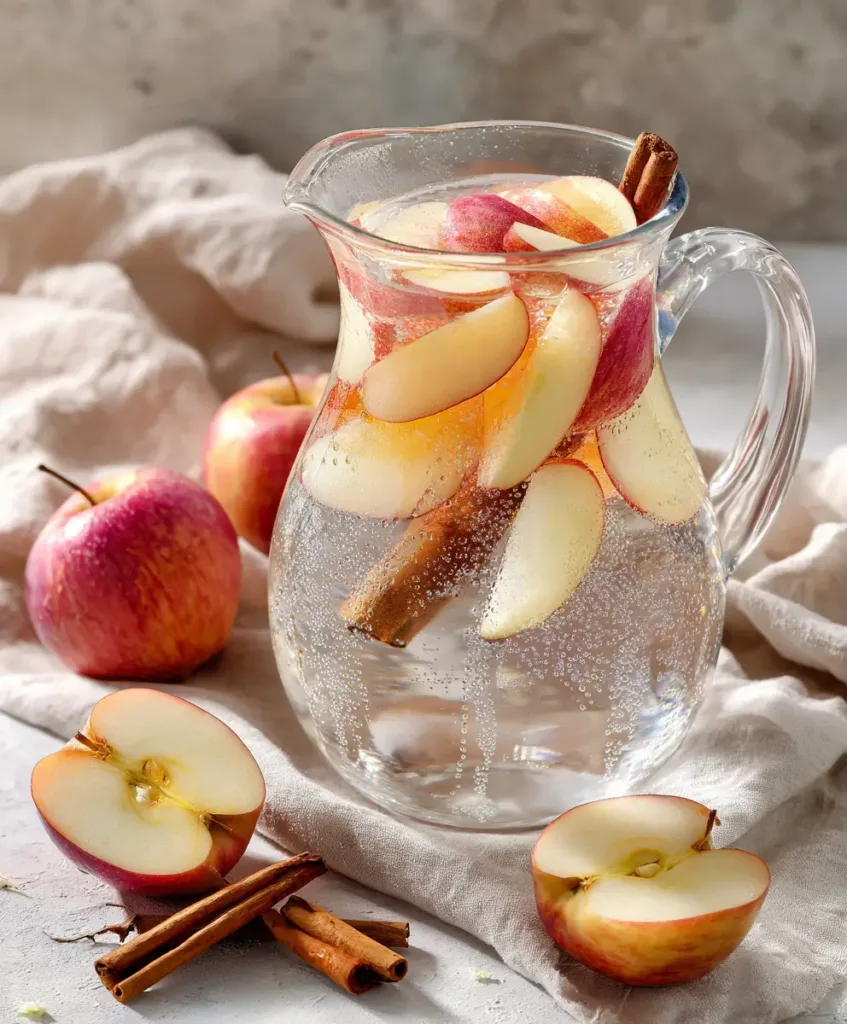 20 Easy Fruit-Infused Water Recipes 5
Glass pitcher of apple cinnamon infused water with sliced apples and cinnamon sticks on kitchen counter.