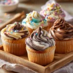 Celebración de Cupcakes de Mármol topped with chocolate and vanilla swirled frosting and colorful sprinkles
