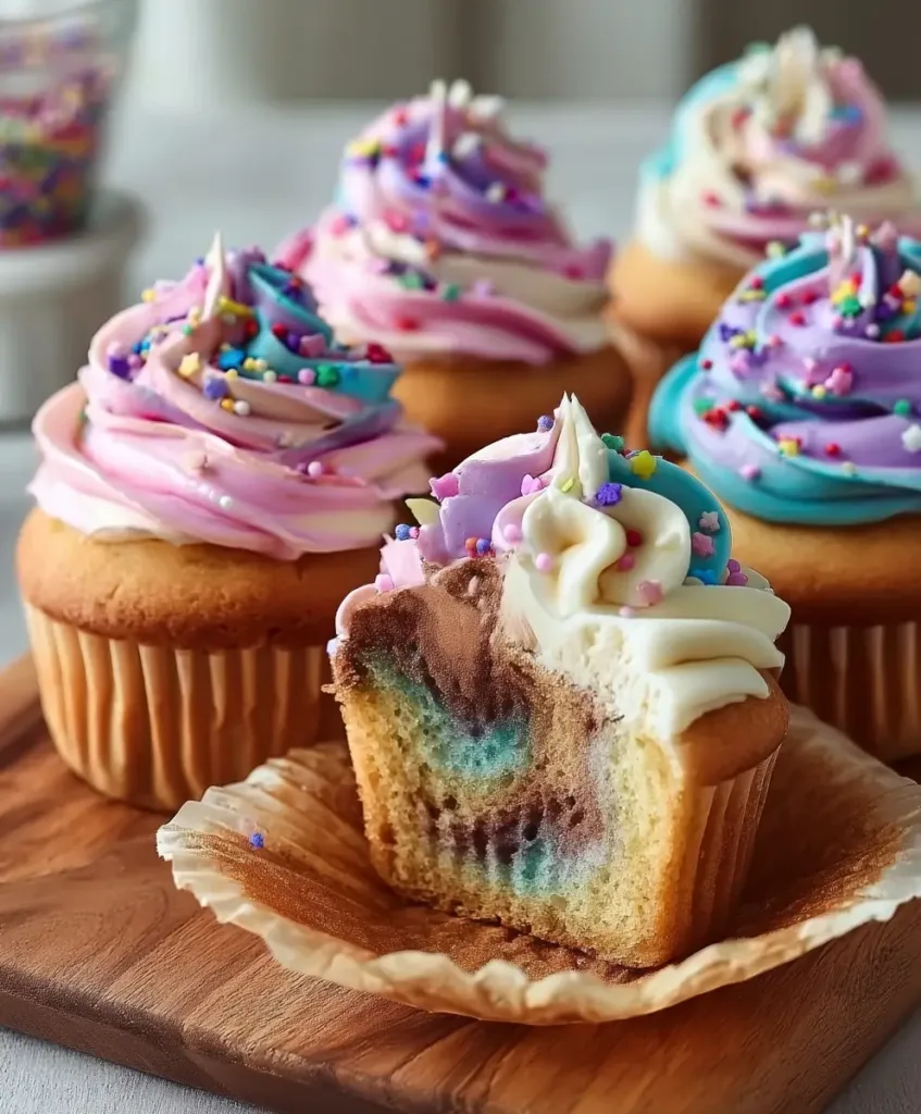Celebración de Cupcakes de Mármol with pastel swirled frosting, sprinkles, and colorful chocolate vanilla cake inside