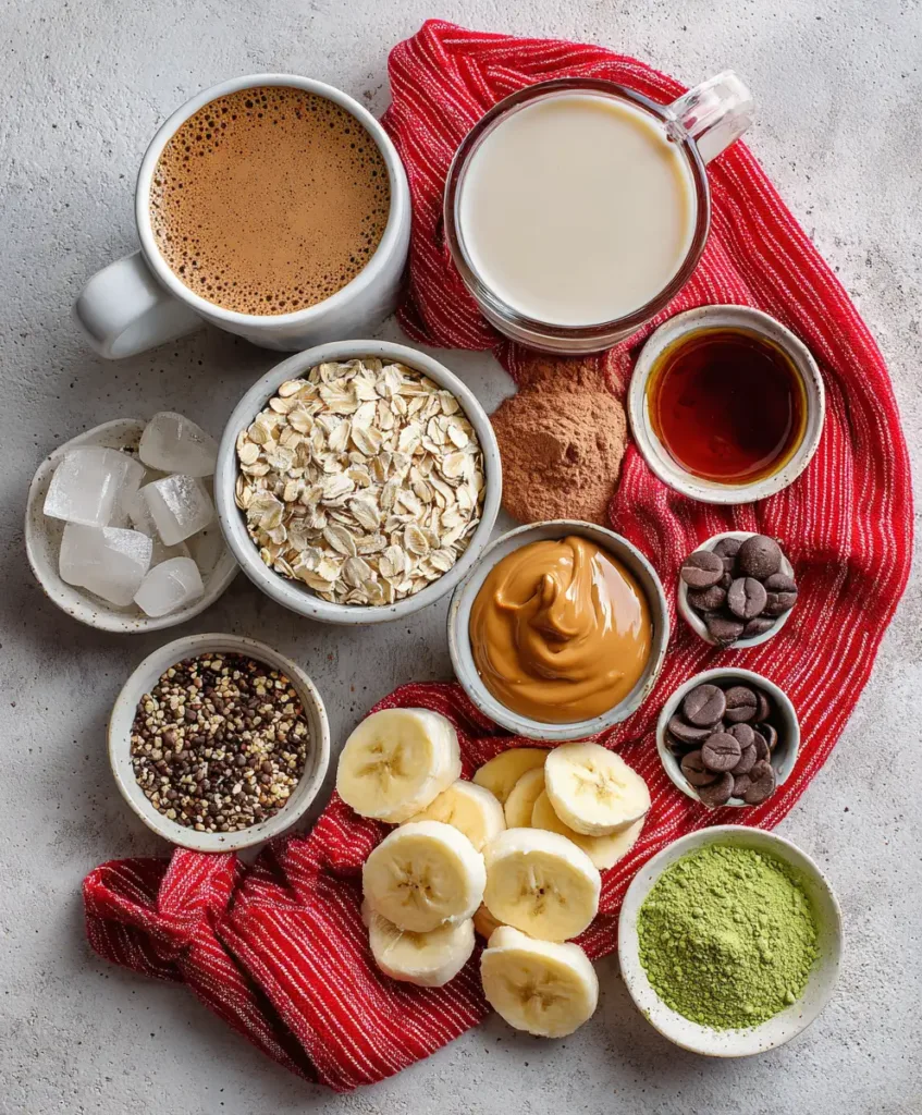 Flat lay of coffee smoothie ingredients on red cloth