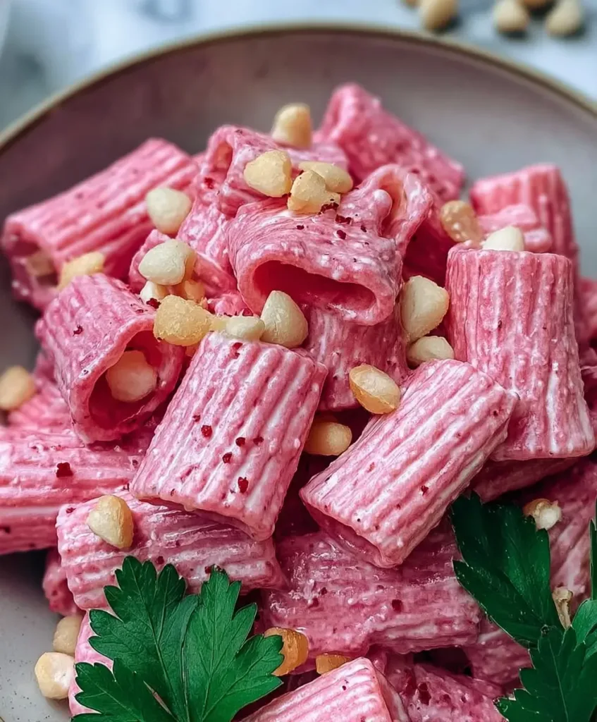 Quick Valentine's Day Pink Pasta 4 Close-up of creamy pink rigatoni pasta topped with crispy garlic pieces and fresh parsley
