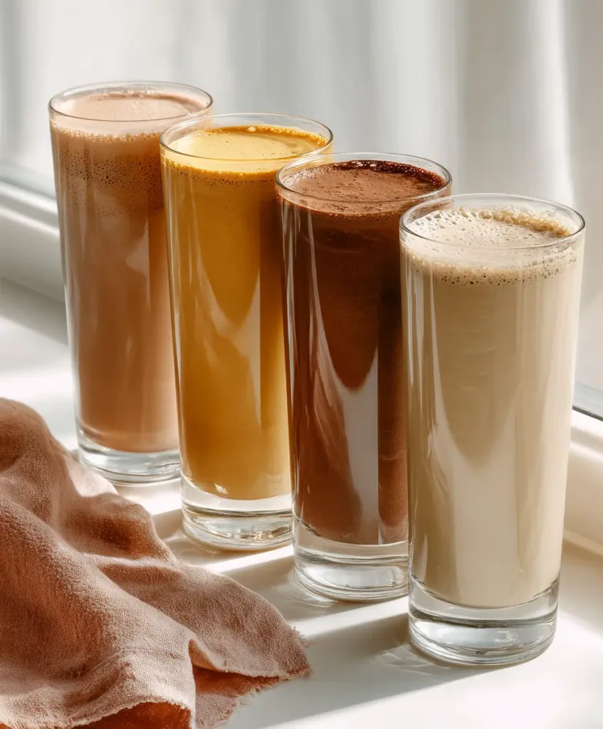 Four high protein coffee smoothies in glasses