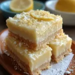 Three stacked lemon condensed milk fridge slice squares on a wooden plate with lemon zest and powdered sugar