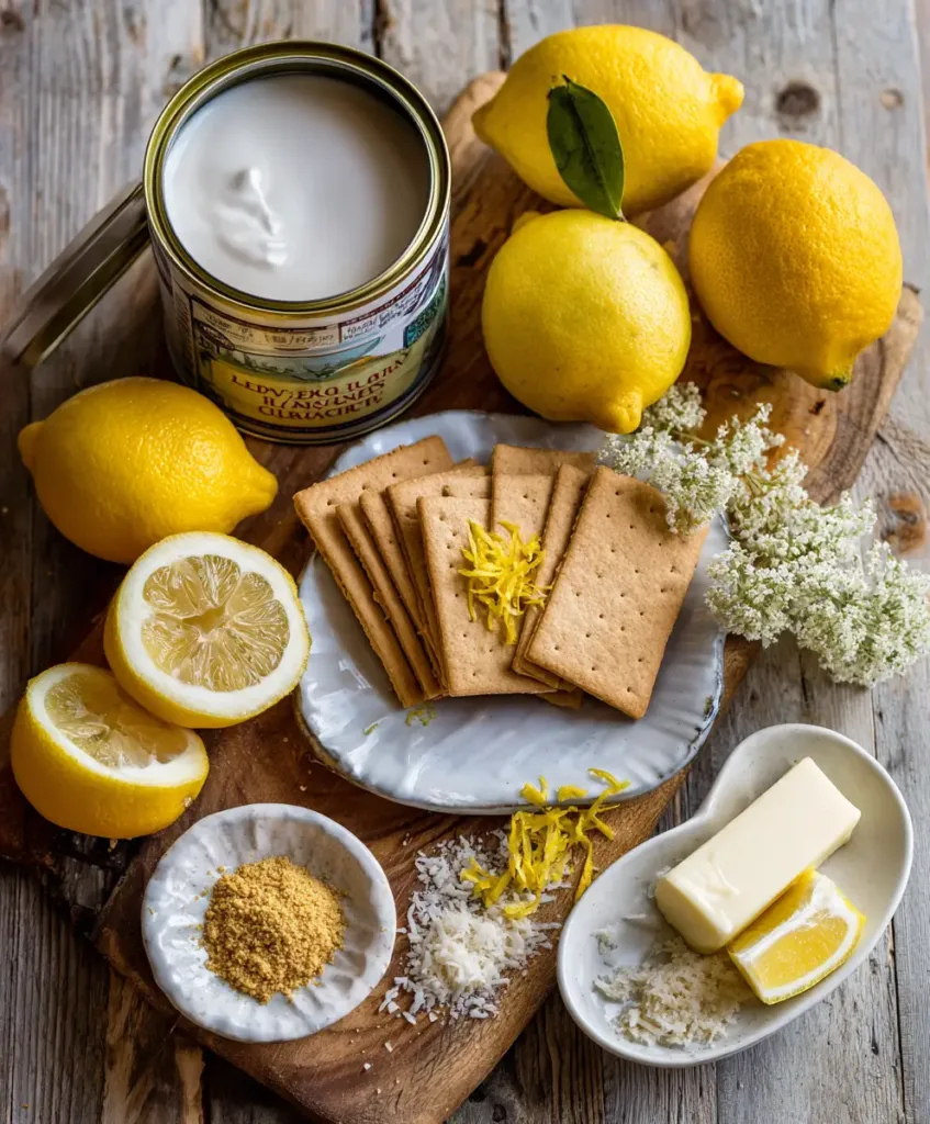 Flat lay of lemon fridge slice ingredients — condensed milk can, fresh lemons, graham crackers, butter, coconut, and lemon zest on rustic wood board