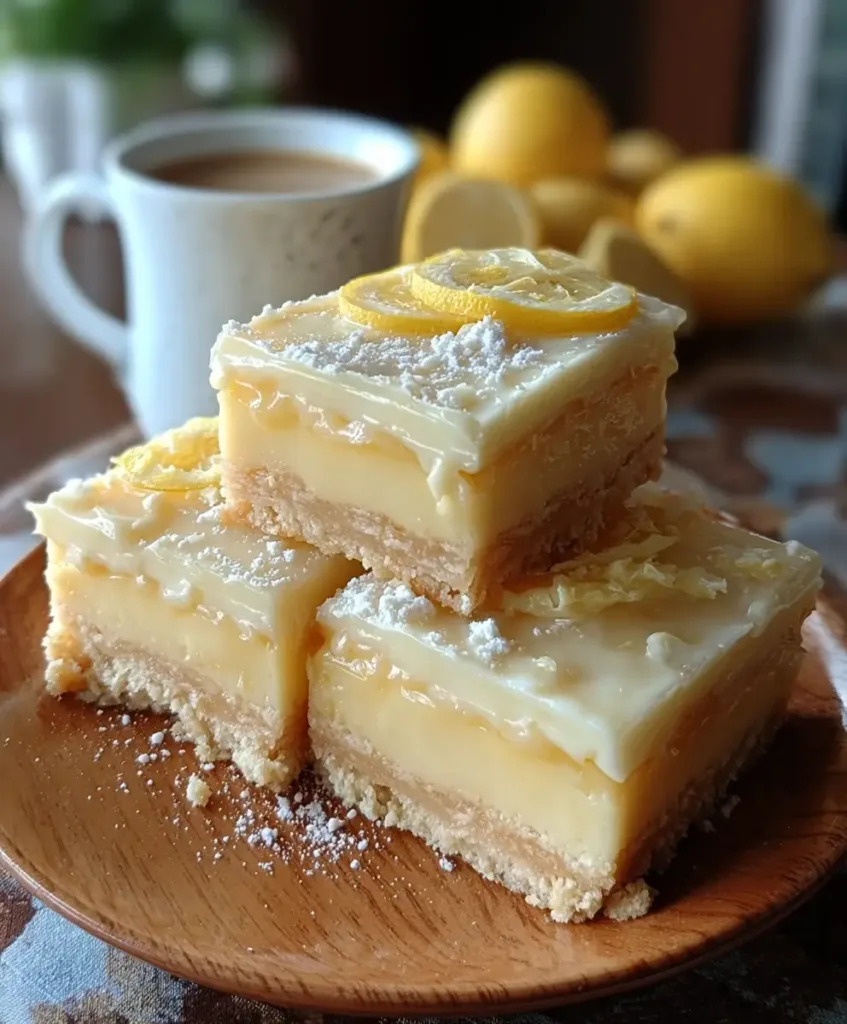 A rich and creamy lemon condensed milk fridge slice featuring a buttery graham cracker crust, smooth citrus filling, and a glossy lemon icing. Garnished with powdered sugar and fresh lemon slices, this no-bake dessert is perfect for summer gatherings.