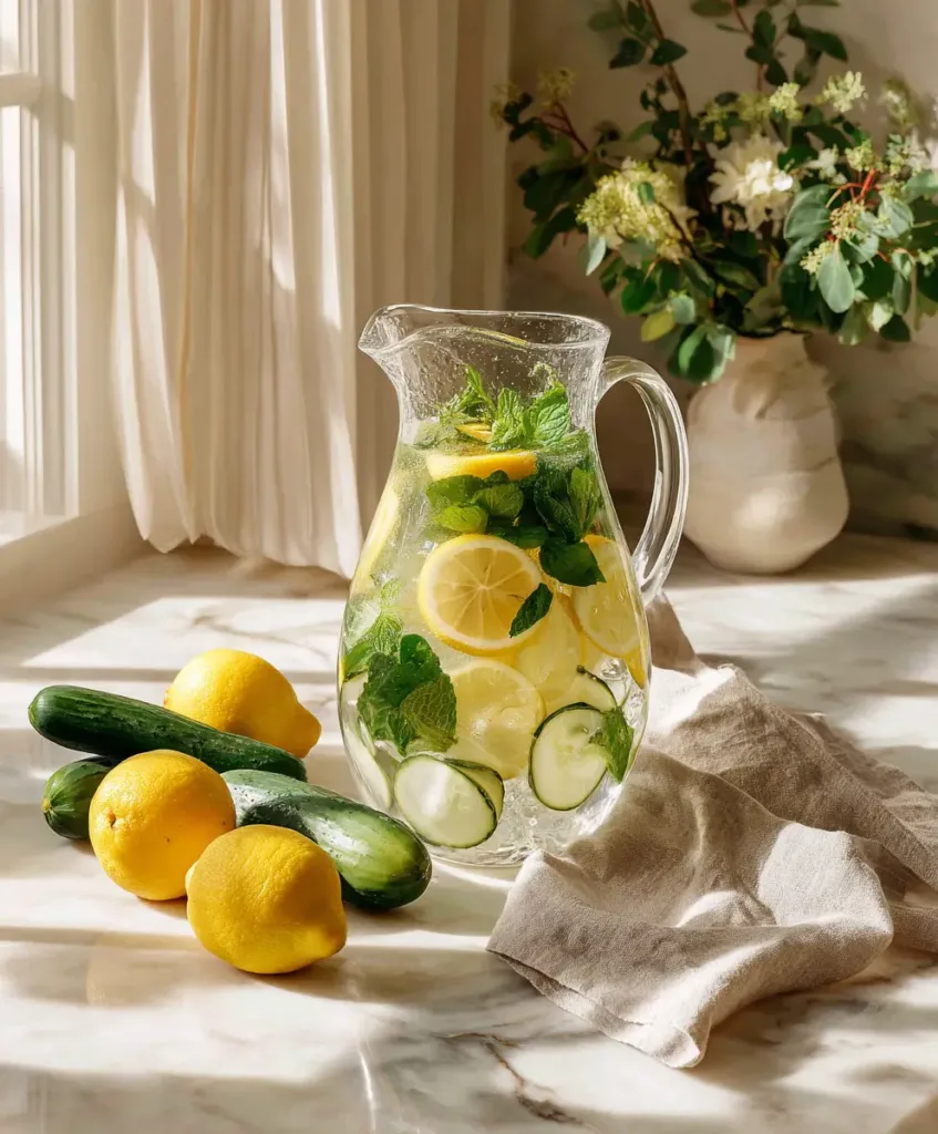 20 Easy Fruit-Infused Water Recipes 4 Glass pitcher of lemon cucumber mint infused water on marble countertop with fresh lemons and cucumbers in natural sunlight.