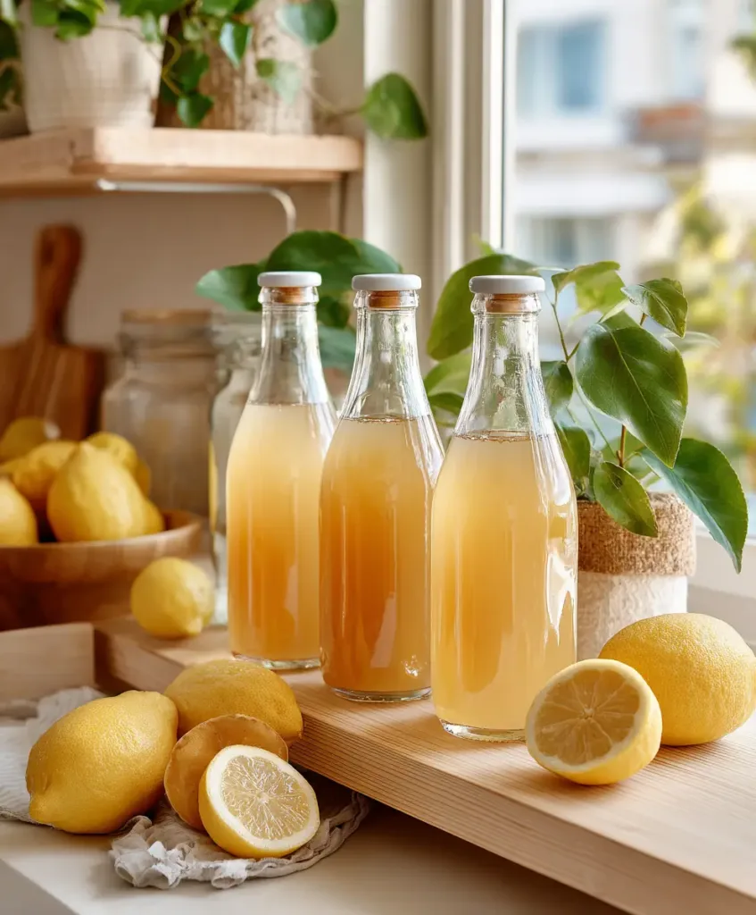 Master Cleanse Lemonade Recipe: What It Really Does (And What It Does Not) 5 Three glass bottles of master cleanse lemonade on a wooden shelf with fresh lemons