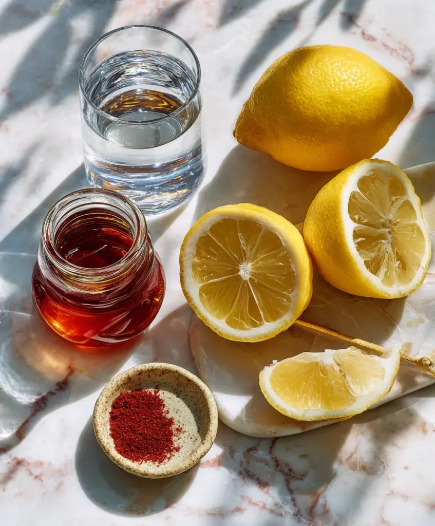 Master Cleanse Lemonade Recipe: What It Really Does (And What It Does Not) 4 Master cleanse recipe ingredients flat lay with lemons, maple syrup, cayenne pepper, and water