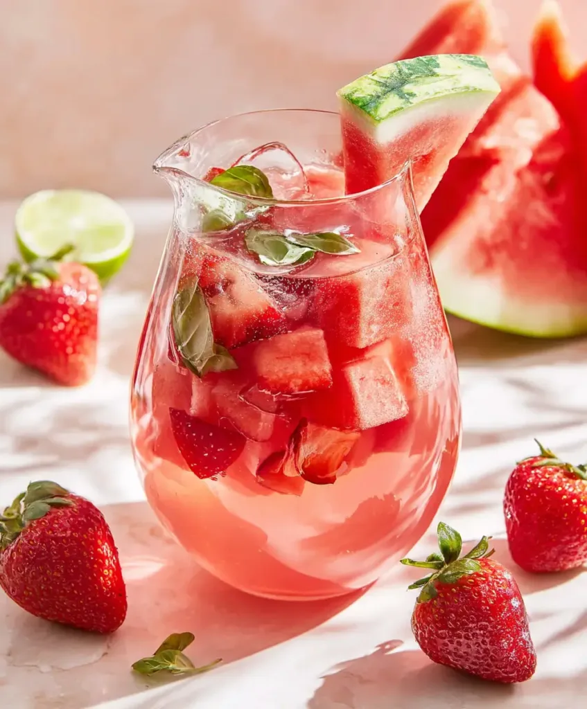 20 Easy Fruit-Infused Water Recipes 6 Glass pitcher of watermelon strawberry infused water with basil on marble countertop in summer light.