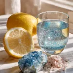 Blue salt trick for men — a clear glass of blue salt elixir with Persian blue salt crystals and lemon on a marble surface