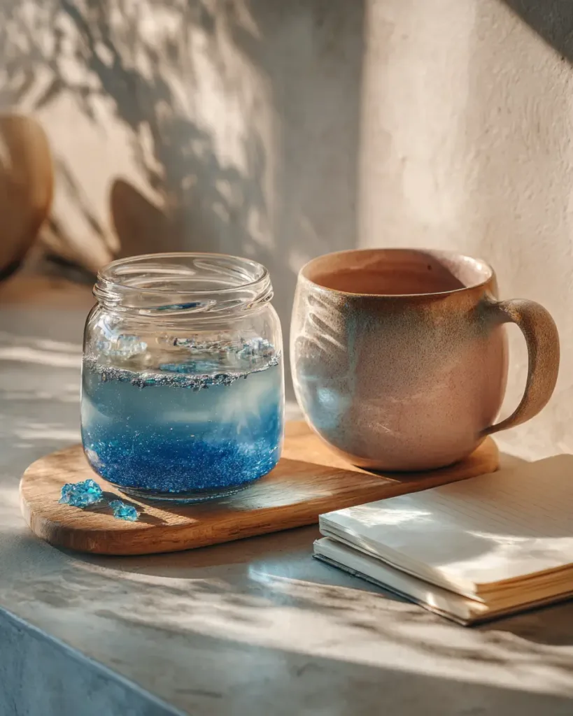Blue salt trick morning ritual — glass of elixir on a kitchen counter with soft morning light