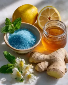 Blue salt trick recipe ingredients — Persian blue salt, lemon, ginger, honey, and mint on white surface