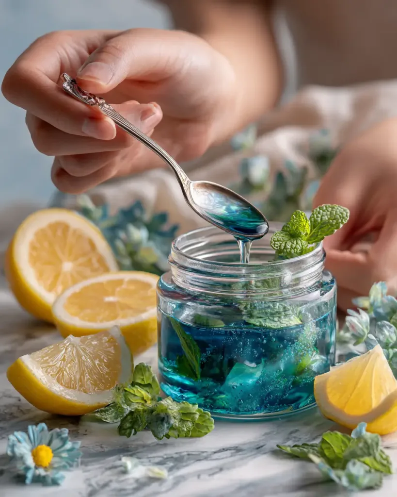 Stirring the blue salt trick recipe in a glass jar with lemon and mint in the foreground