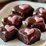 Chocolate dipped heart brownies decorated for a romantic dessert.