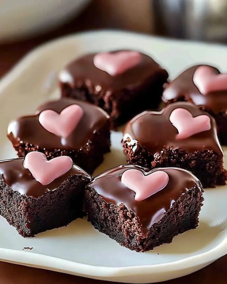 Chocolate dipped heart brownies decorated for a romantic dessert.