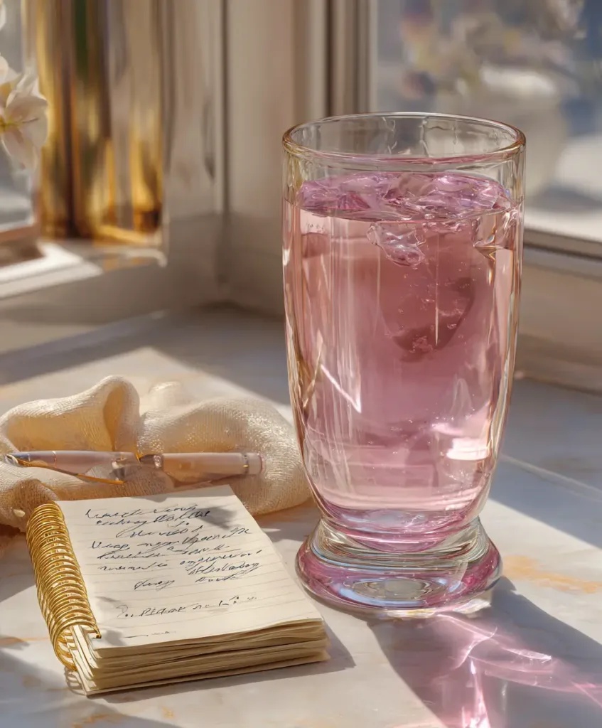 dr oz gelatin trick pink drink next to a handwritten weight loss routine notepad on a kitchen counter