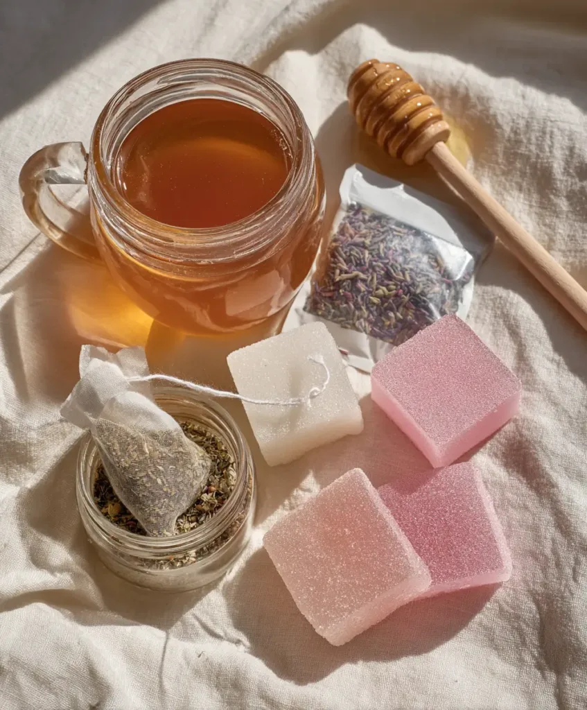 3 ingredients for the dr oz pink gelatin trick recipe on white linen