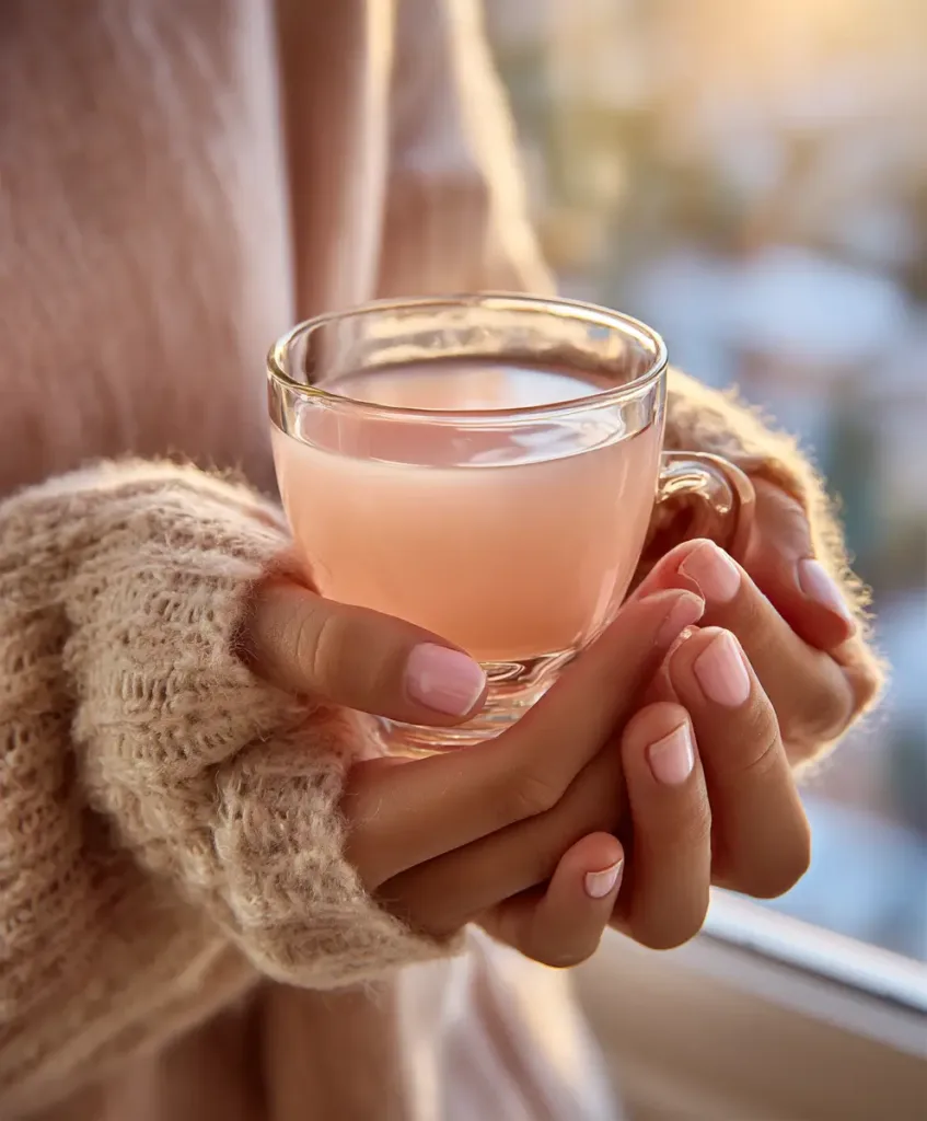 hands holding a warm dr oz pink gelatin weight loss drink in morning kitchen light