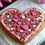 Heart-shaped cookie cake decorated with icing and sprinkles