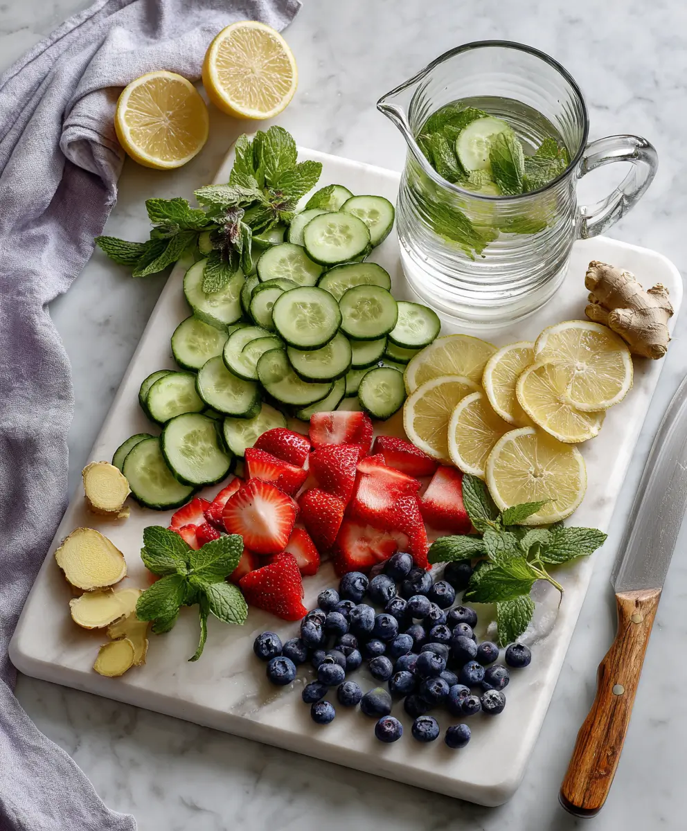 20 Easy Fruit-Infused Water Recipes 3 fresh ingredients for homemade Fruit Infused Water Recipes on marble cutting board