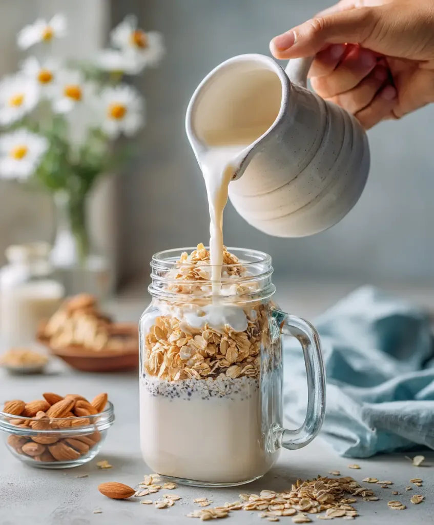 The Best Overnight Oats Recipe With Chia Seeds 5 Pouring almond milk into a glass jar with oats and chia seeds for overnight oats recipePouring almond milk into a glass jar with oats and chia seeds for overnight oats recipe