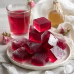 Deep red Jillian Michaels gelatin cubes on a white plate with cranberry juice and apple cider vinegar