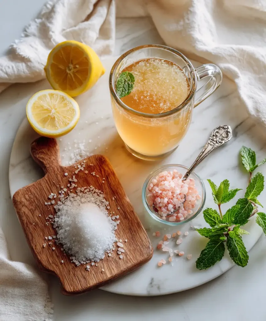 Warm Jillian Michaels gelatin recipe drink in a glass mug with lemon and pink salt on marble counter