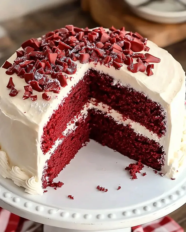 A slice of my perfect red velvet cake topped with cream cheese frosting