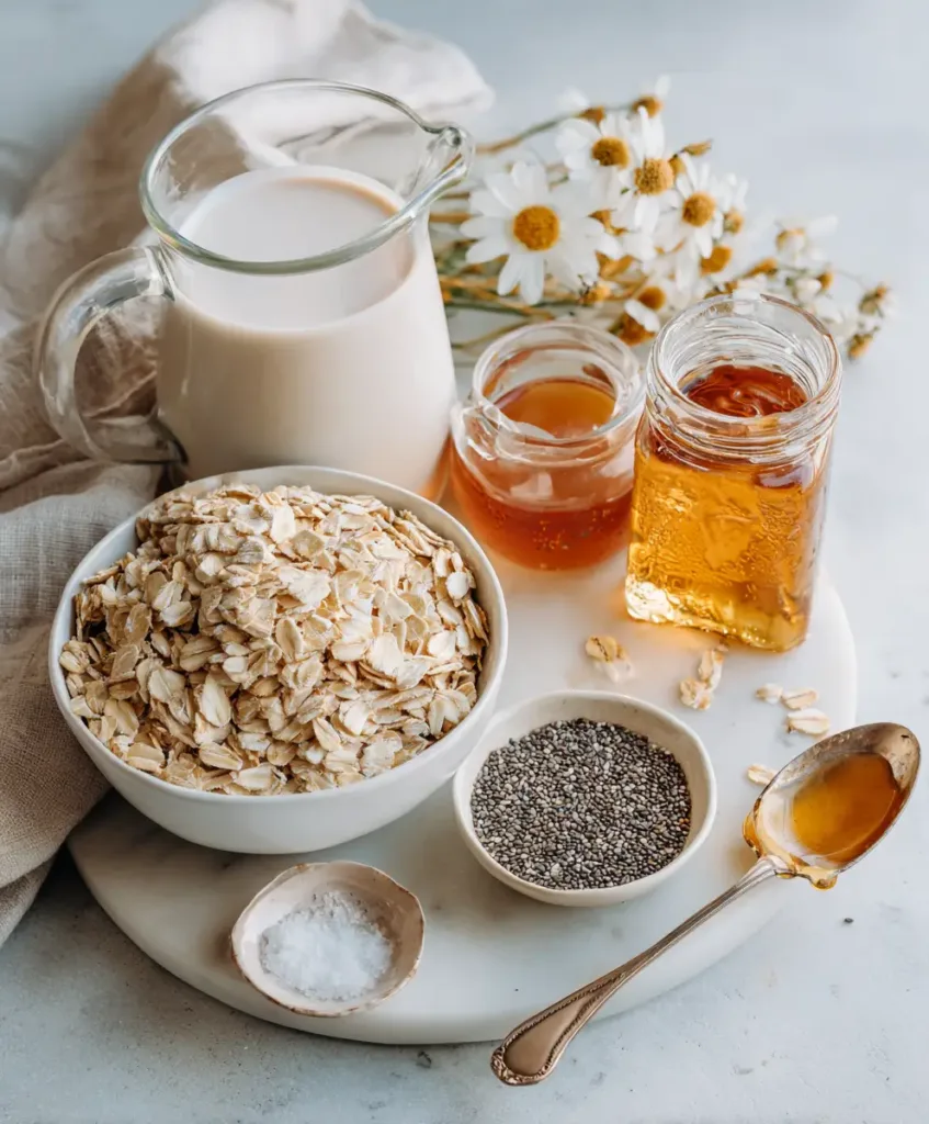 The Best Overnight Oats Recipe With Chia Seeds 4 Whole rolled oats, chia seeds, almond milk, and maple syrup for overnight oats recipe